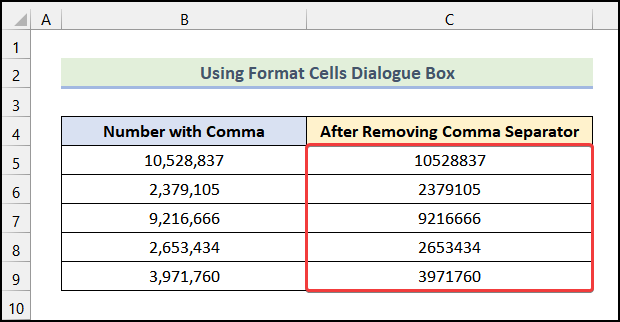 Final output of method 2.2 to remove commas in excel