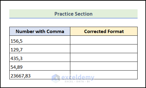practice section to remove commas in excel