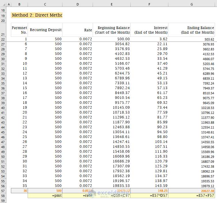 calculate compound interest for recurring deposit in excel in the direct method