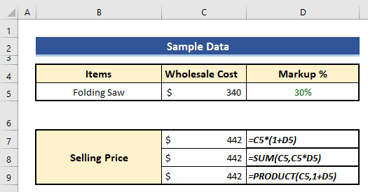 Examples of Excel formula to add markup percentage in different ways.