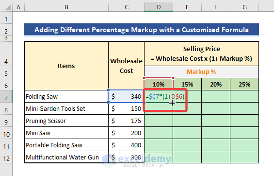 Using a Customized Excel Formula to Add 10, 15, 20, or 25% Markup