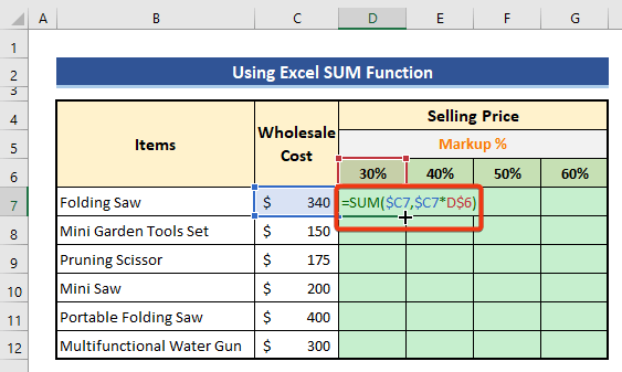 Formula based on SUM function to add percentage markup 