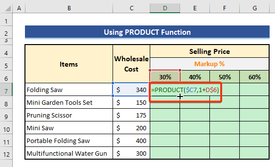 Get markup % applying PRODUCT function