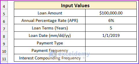 Entering Required Values to Create Flat and Reducing Rate of Interest Calculator in Excel