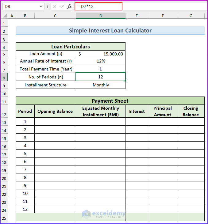 Simple Interest Loan Calculator Using Formula in Excel