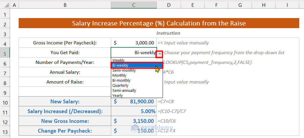 Salary Increase Percentage (%) Calculation from the Raise