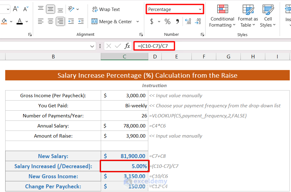 Salary Increase Percentage (%) Calculation from the Raise