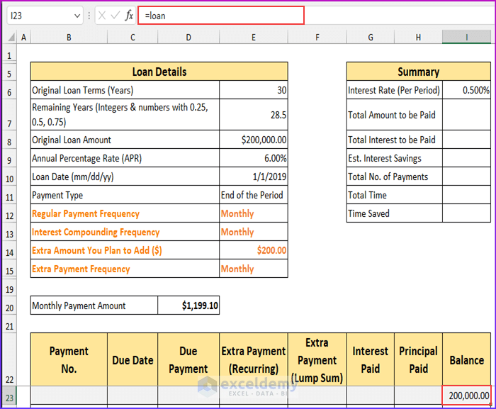 Calculating Payment Schedule to Create Mortgage Calculator with Extra Payments and Lump Sum in Excel