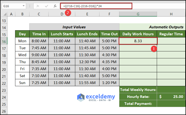 Calculate Total Daily Working Hours Using Excel Formula