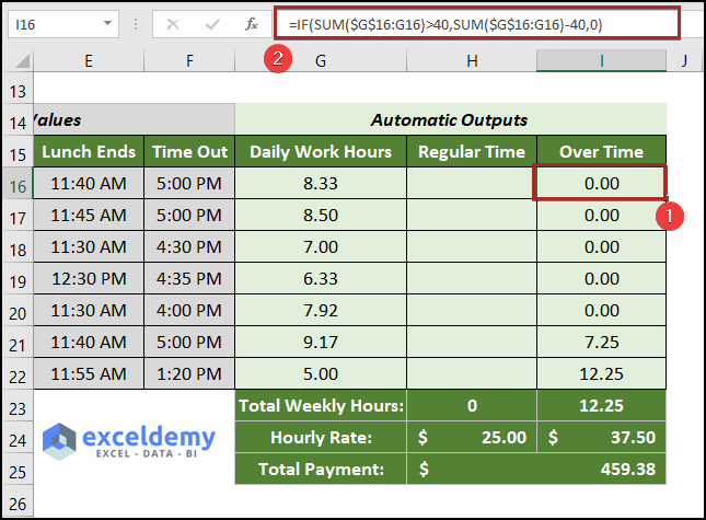 Determine Overtime over 40 Hours Using Excel Formula