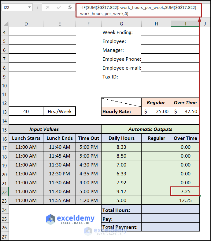 Determine Overtime Using Excel Formula