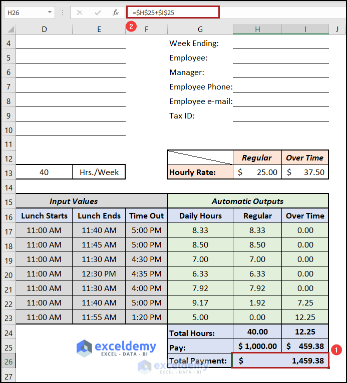 Estimate Total Payment of Hours Worked and Overtime Using Formula