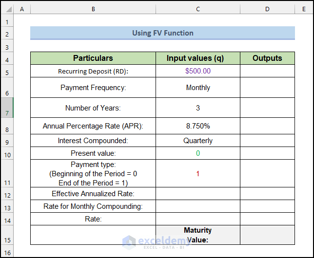 Using FV function to calculate Compound Interest for Recurring Deposit in Excel