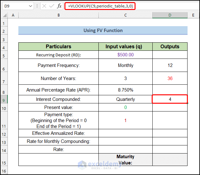 Using VLOOKUP function to calculate Compound Interest for Recurring Deposit in Excel
