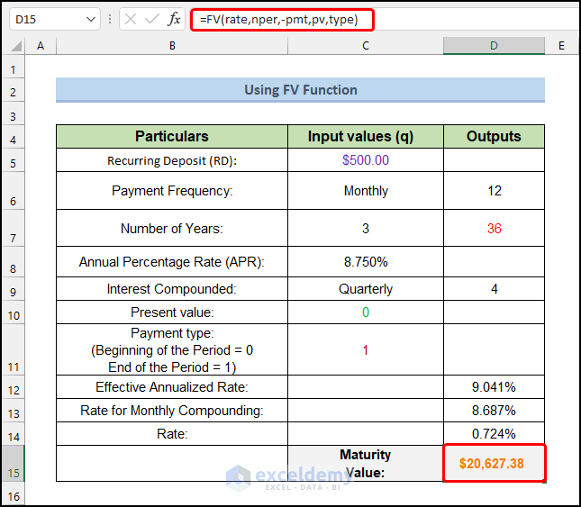  calculate Compound Interest for Recurring Deposit in Excel by using FV function