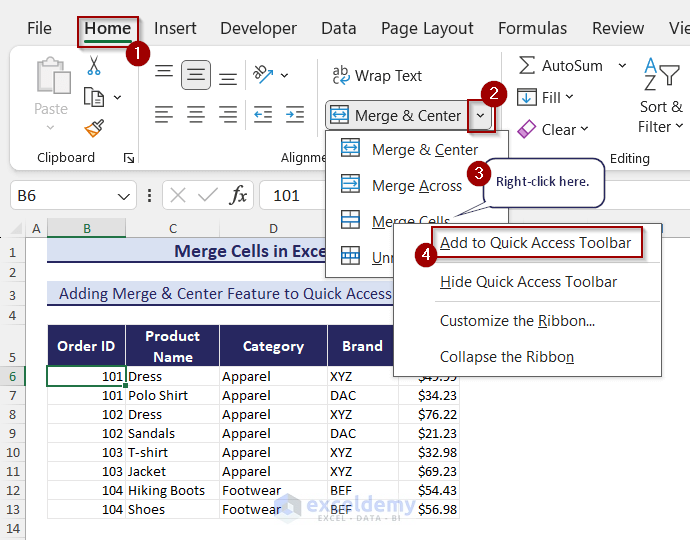 Adding Merge & Center Feature to Quick Access Toolbar
