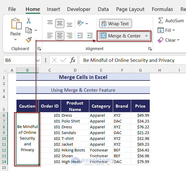 Excel Merge Cells