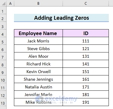 Dataset for How to Add Leading Zeros in Excel
