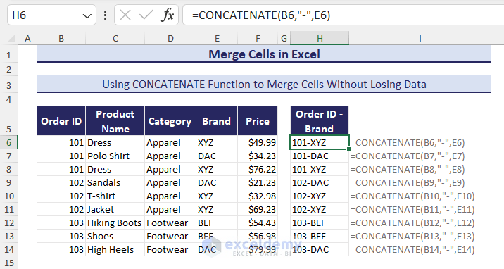 use of CONCATENATE function to combine cells