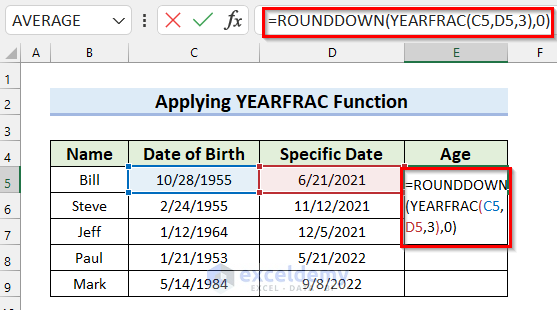 Age Calculation on a Specific Date with Excel YEARFRAC Function
