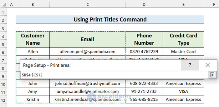 Page Setup - Print area dialog Box to Print Selected Cells in Excel