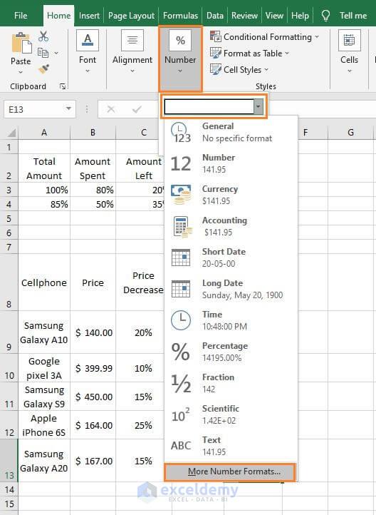 More Number Formats - Subtract a Percentage in Excel