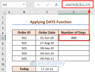 Applying DAYS Function to Calculate Number of Days Between Today and Another Date in Excel