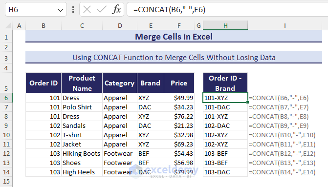 use of CONCAT function to combine cells