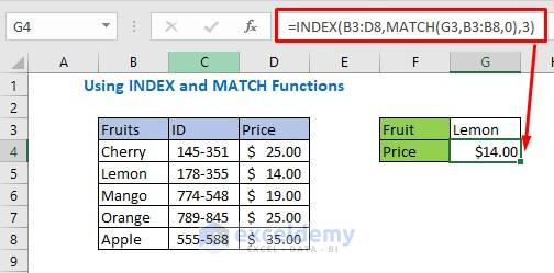 Enter the formula with match and index function