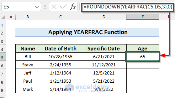 Using YEARFRAC Function in Excel Formula to Calculate Age on a Specific Date