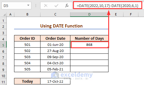 Utilizing DATE Function in Excel to Calculate Number of Days in Excel