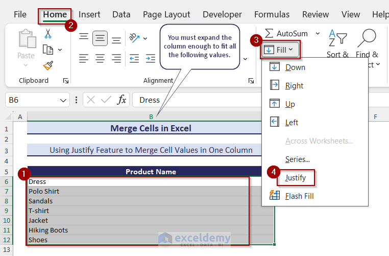Combine Cells Within One Column Using Justify Feature