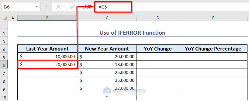 Use of IFERROR Function to Calculate Year over Year Percentage Change in Excel