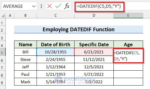 Employ Excel Formula with DATEDIF Function to Calculate Age on a Specific Date 