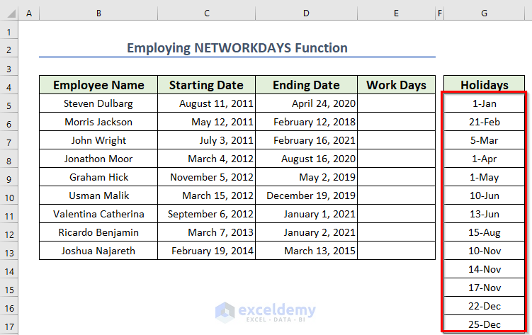 Use of NETWORKDAYS Function to Count Days from Date 