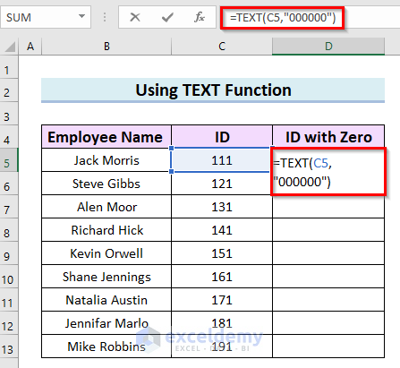 Add Leading Zeros Using TEXT Function in Excel