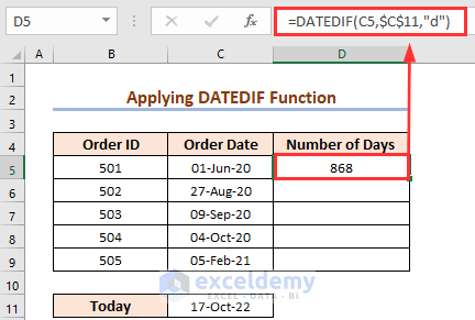 Use of DATEDIF Function to Calculate Number of Days Between Today and Another Date 