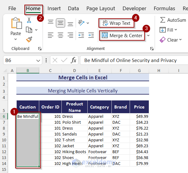 Merge Multiple Cells Vertically in Excel