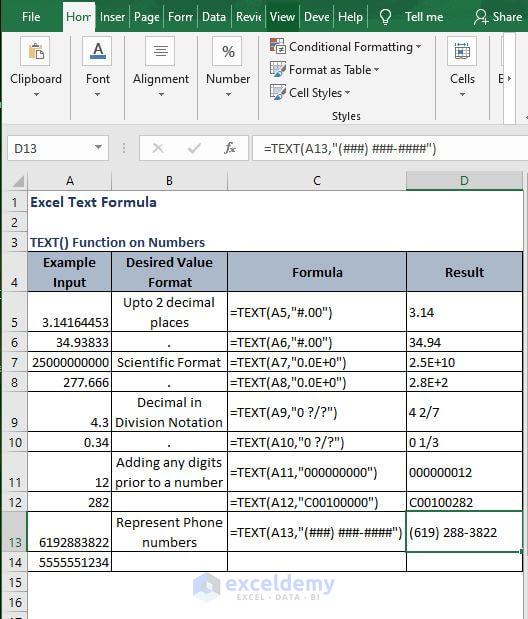 Phone number format example - Excel Text Formula
