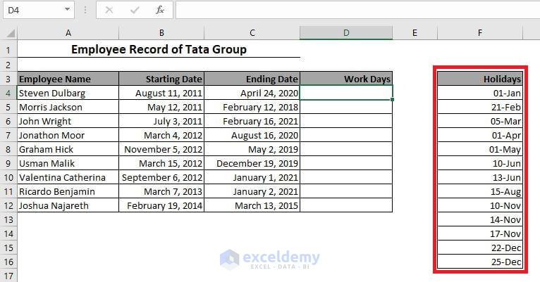 List of Holidays in Excel
