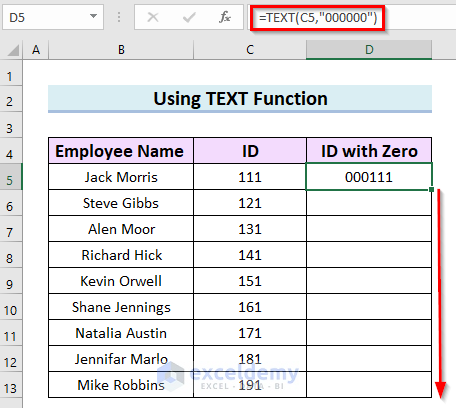 Dragging Fill Handle to Copy Formula to Add Leading Zeros in Excel