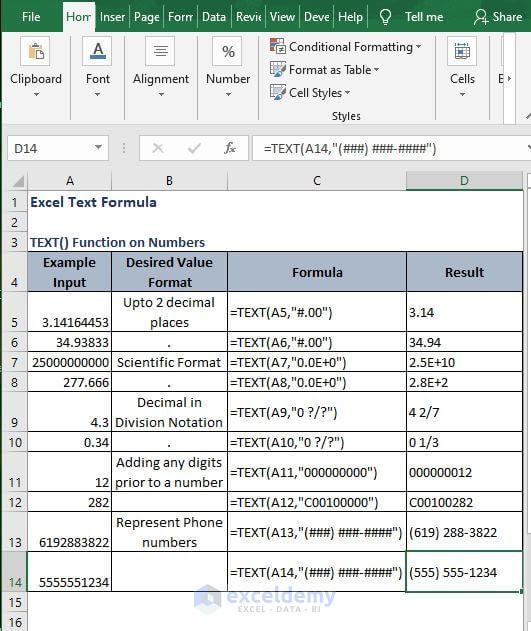 Phone Number examples - Excel Text Formula