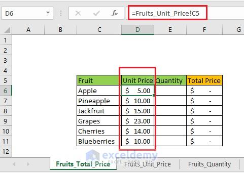 Then you will see all the Unit price is copied from Fruits_Unit_Price is copied and linked to Fruits_Total_Price’s Unit_Price column. And the be a formula like this picture.