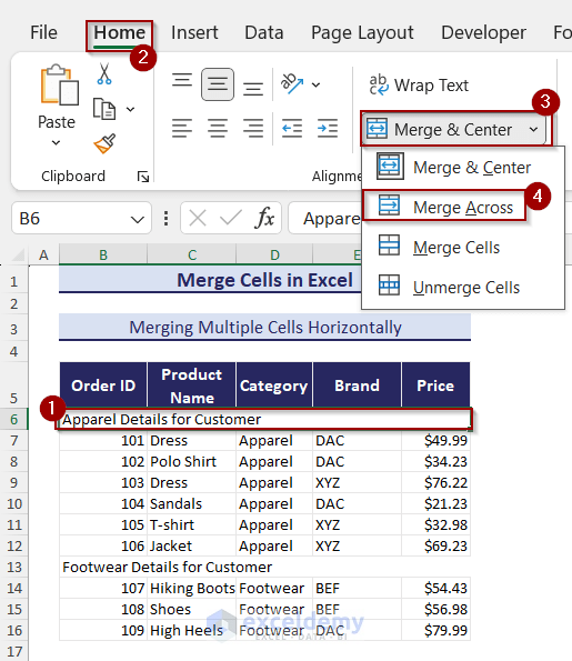 Merged Multiple Cells using Merge Across