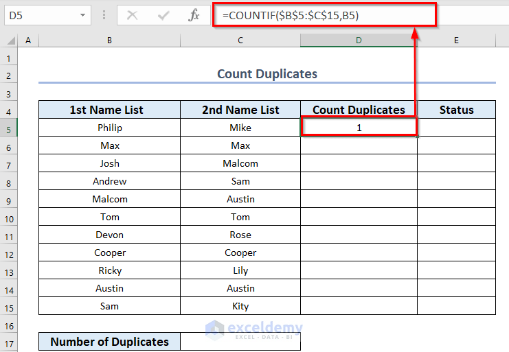 Count Duplicates in Two Columns in Excel