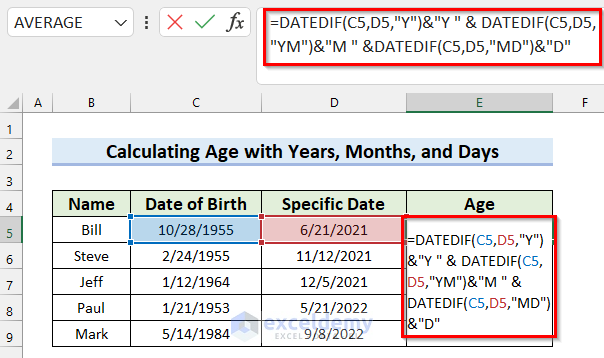 Determine Age with Years, Months, and Days in Excel