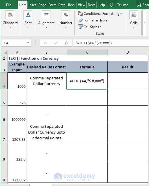 Currency formation - Excel Text Formula