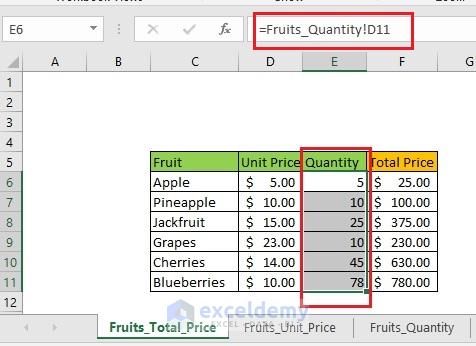 Step 7: Same Way we can copy the Quantity from Fruits_Quantity sheet and after that it will be like this. Also the Total Price will be also calculated automatically