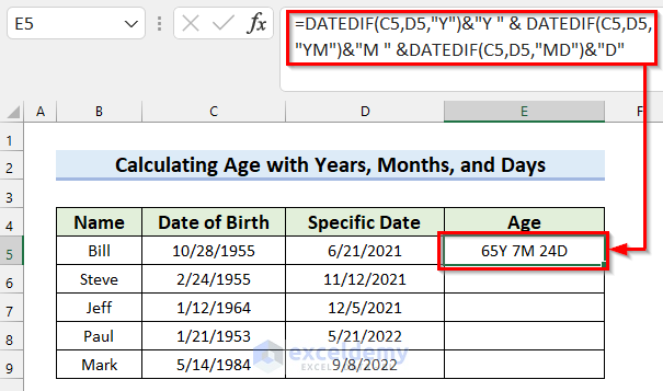 Using DATEDIF Function in Excel formula to Calculate Age with Years Months and Days on a Specific Date