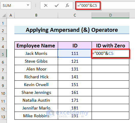 Apply Ampersand (&) Operatore in Excel to Add Leading Zeros